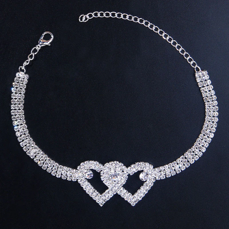 Fashion Rhinestone Double Heart Anklet - Image 10