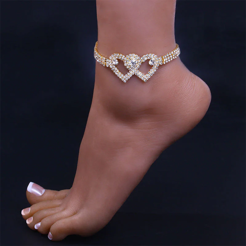Fashion Rhinestone Double Heart Anklet - Image 2