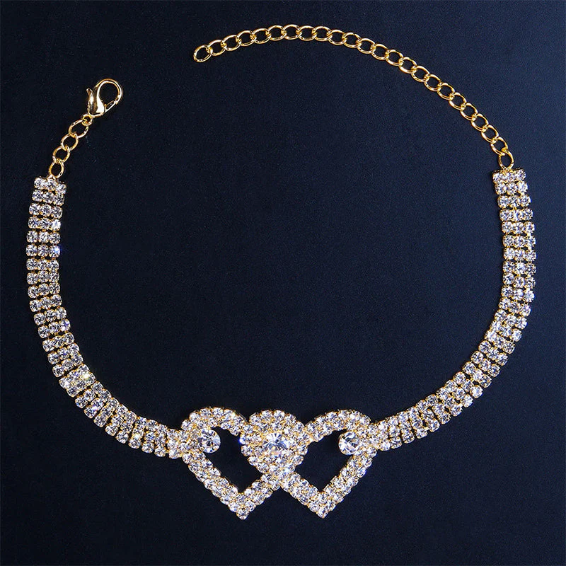 Fashion Rhinestone Double Heart Anklet - Image 3