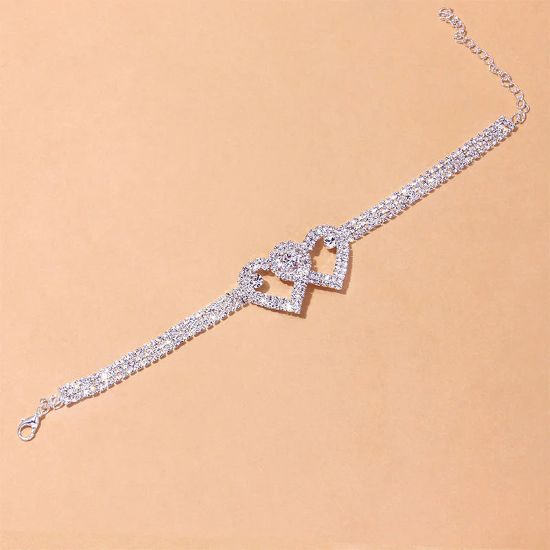 Fashion Rhinestone Double Heart Anklet - Image 5