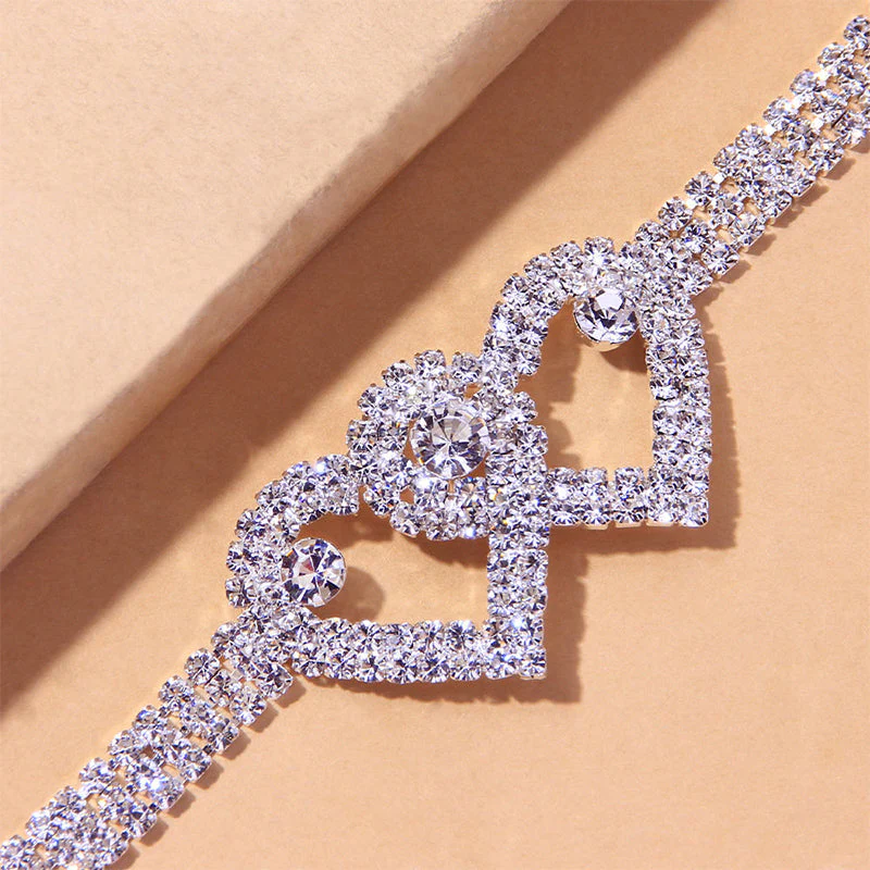 Fashion Rhinestone Double Heart Anklet - Image 7