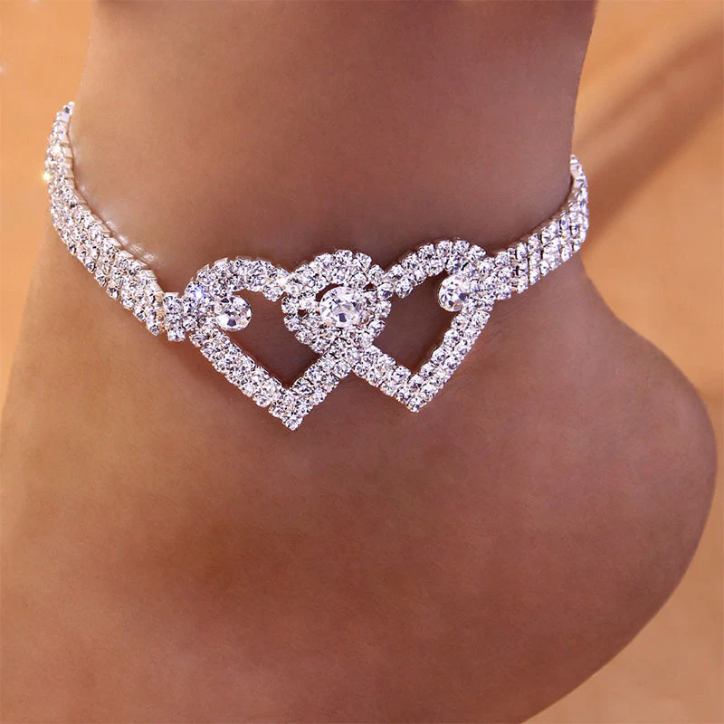 Fashion Rhinestone Double Heart Anklet - Image 8